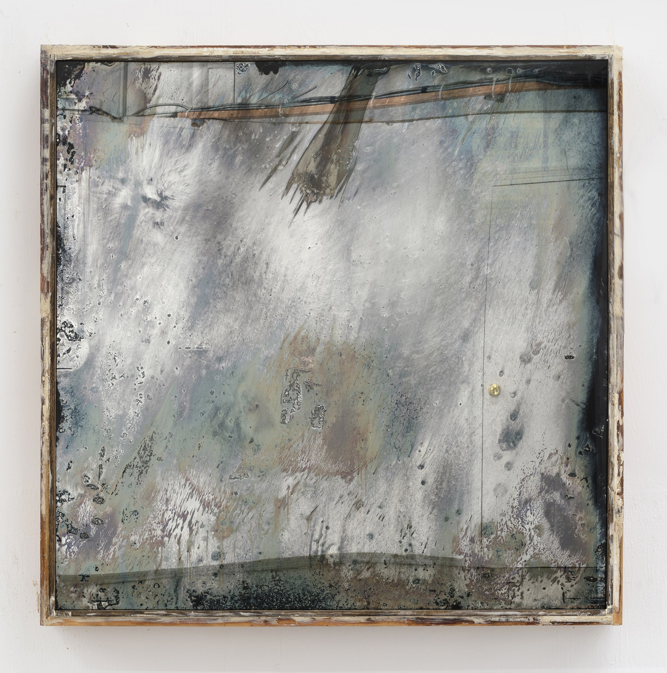 Mónica Mays, <i>Vanity</i>, 2026. Silver nitrate mirrors, reclaimed wood, found objects, laser print, light bulb, 50 x 50 x 4 1/2 in (127 x 127 x 11.5 cm)